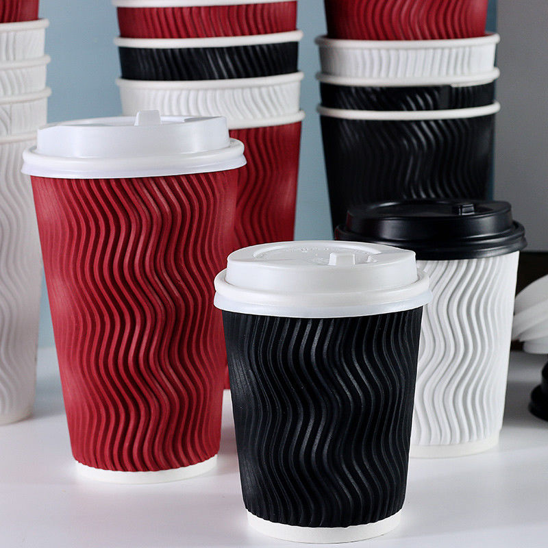 Black 8oz 12oz 16oz Paper Coffee Cups , Ripple Striped Corrugated