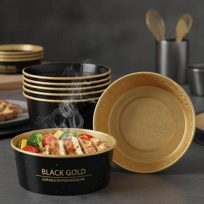 Leakproof Black Gold Paper Bowl With Lids 500ml 750ml 1000ml 1300ml